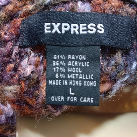 Express Womens Large Y2K Knit Hooded Poncho Open Weave Cable Earthy Metallic - Picture 11 of 15